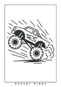Free printable monster truck racing under starry night coloring page for kids — download and print free at VectorVibez.com