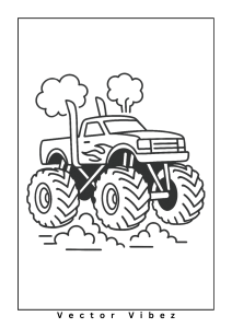 Free printable monster truck roaring through forest trail coloring page for kids — download and print free at VectorVibez.com