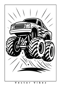 Free printable monster truck soaring over hills coloring page for kids — download and print free at VectorVibez.com