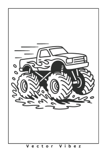 Free printable monster truck splashing through rainstorm coloring page for kids — download and print free at VectorVibez.com