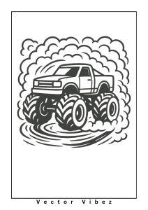 Free printable monster truck surrounded by billowing smoke coloring page for kids — download and print free at VectorVibez.com