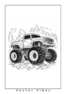 Free printable monster truck underneath a rainbow coloring page for kids — download and print free at VectorVibez.com