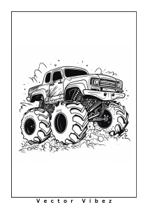 Free printable monster truck with fireworks display coloring page for kids — download and print free at VectorVibez.com