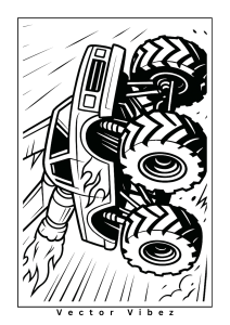Free printable monster truck with rocket boosters blasting off coloring page for kids — download and print free at VectorVibez.com