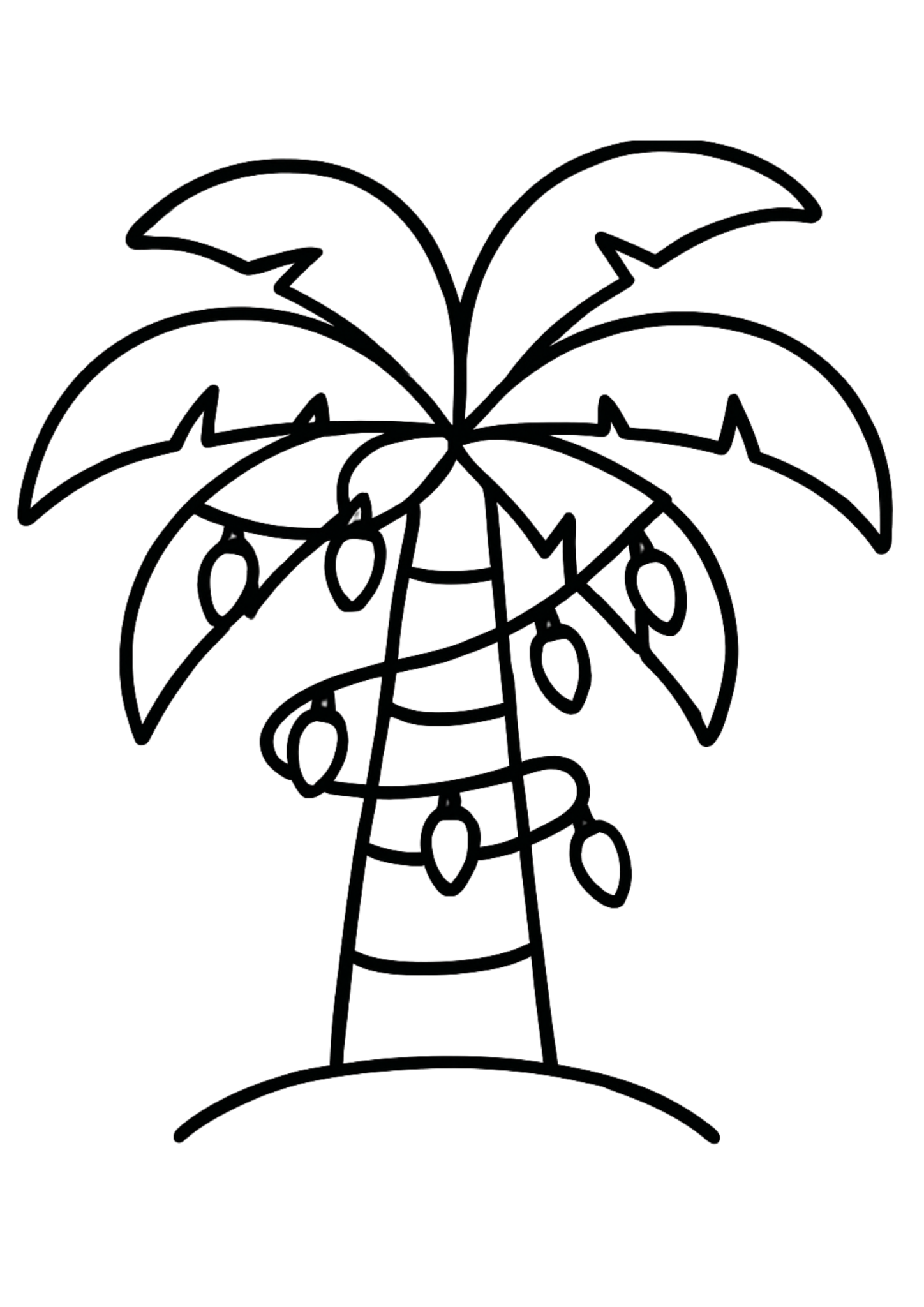 Free printable palm tree wrapped in twinkling christmas lights coloring page for kids — download and print free at VectorVibez.com