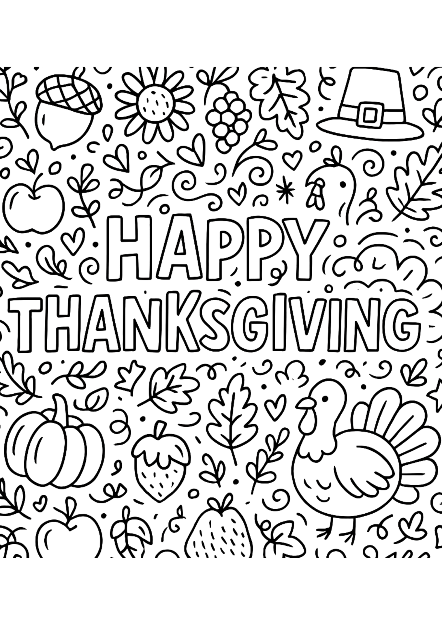 'Happy Thanksgiving' lettering doodle with turkey and pies