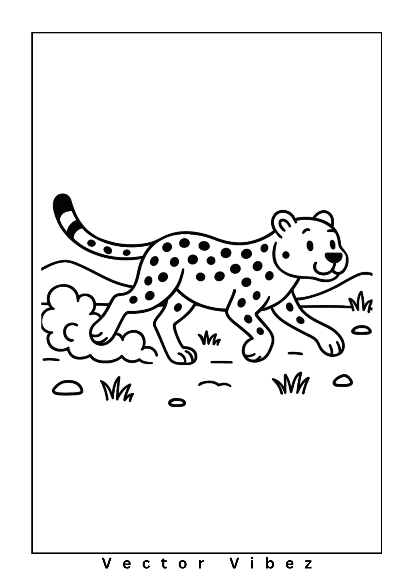 Free printable playful leopard chasing butterflies coloring page for kids — download and print free at VectorVibez.com