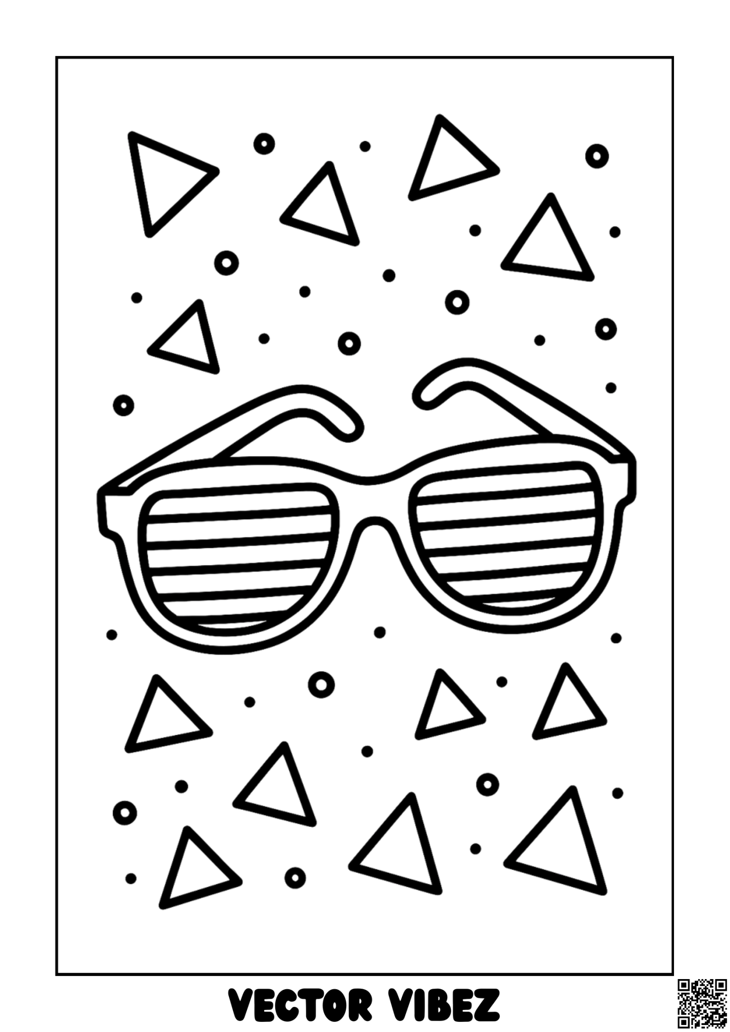Free printable retro 80s sunglasses with geometric background coloring page for kids — download and print free at VectorVibez.com