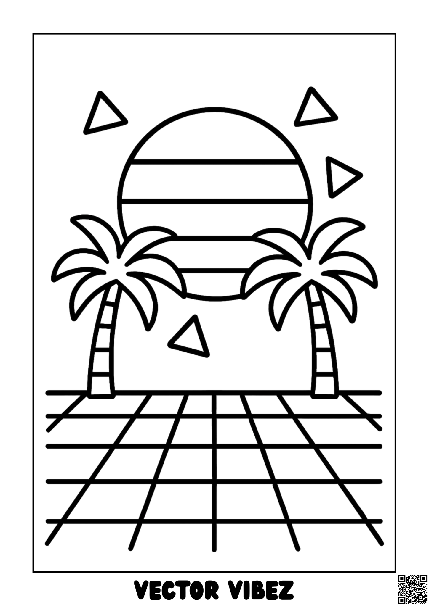 Free printable retro 80s sunset with neon palm trees coloring page for kids — download and print free at VectorVibez.com