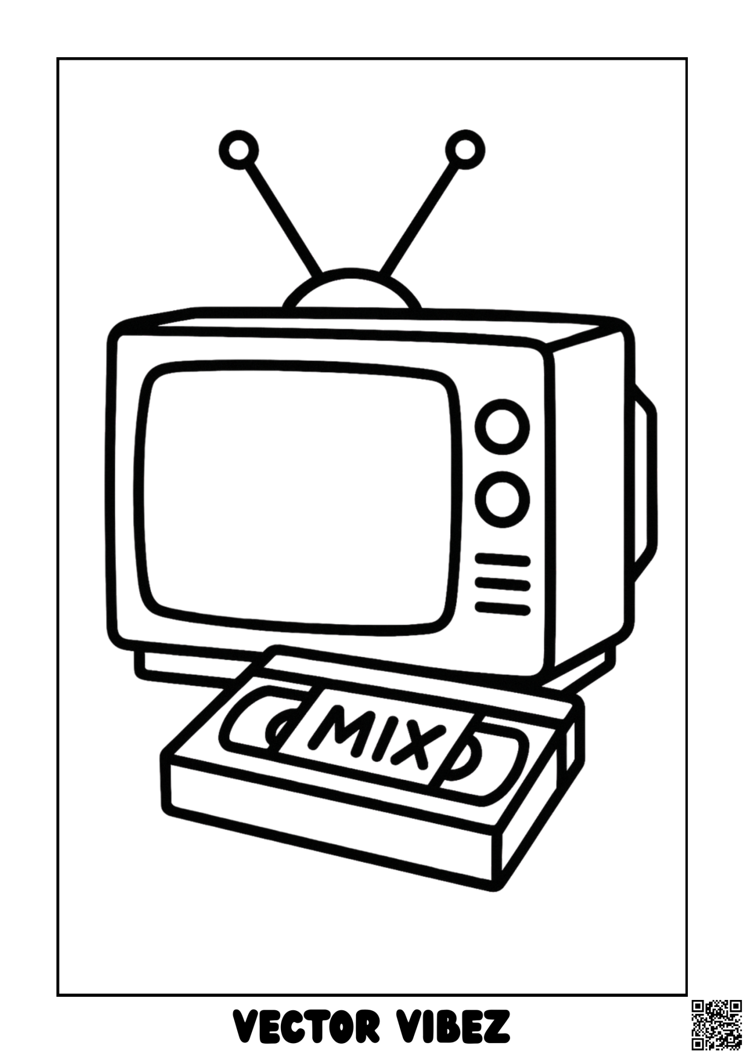 Free printable retro 80s tv with glitchy vhs coloring page for kids — download and print free at VectorVibez.com