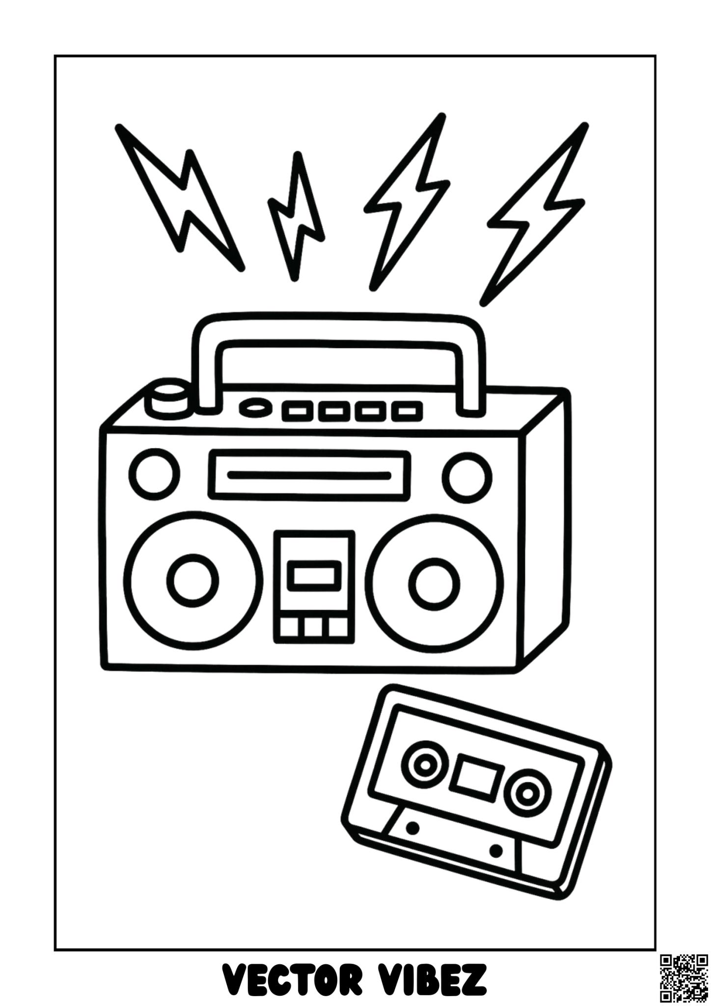 Free printable retro boombox with vibrant cassette tapes coloring page for kids — download and print free at VectorVibez.com