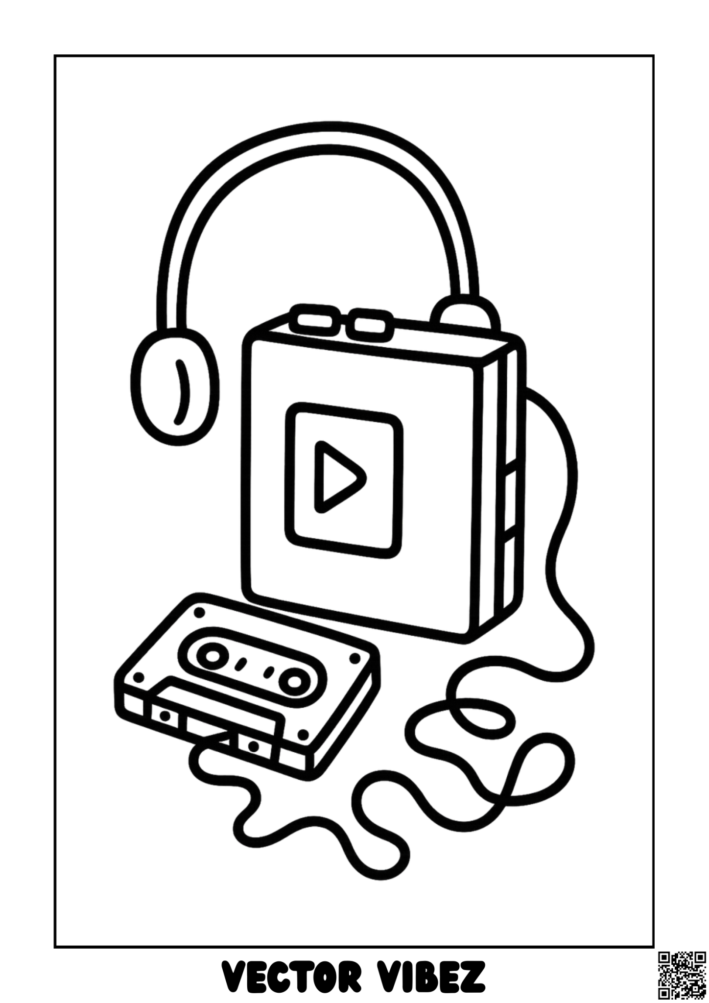 Free printable retro cassette player with spiral cords coloring page for kids — download and print free at VectorVibez.com