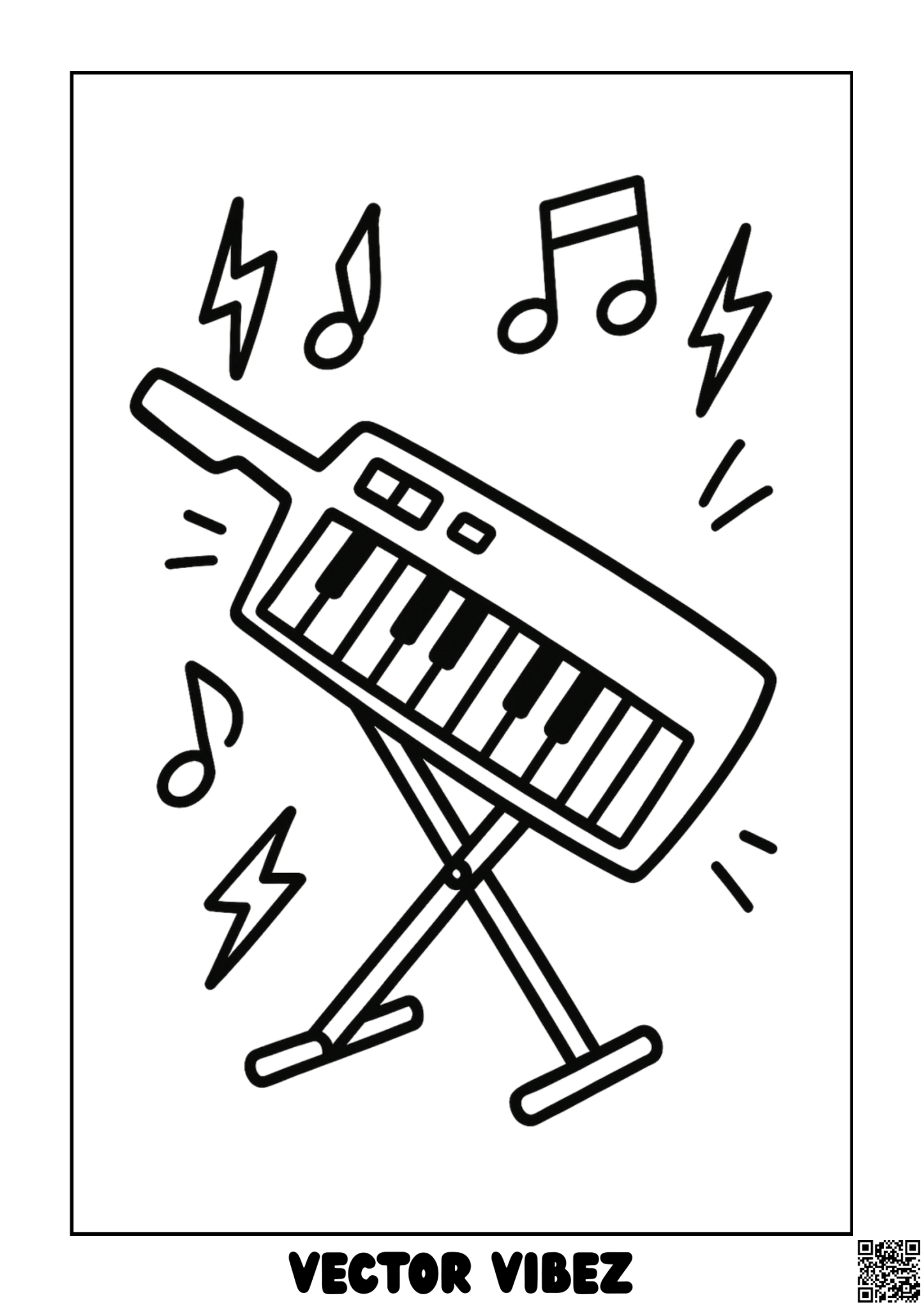 Free printable retro keyboard with floating music notes coloring page for kids — download and print free at VectorVibez.com