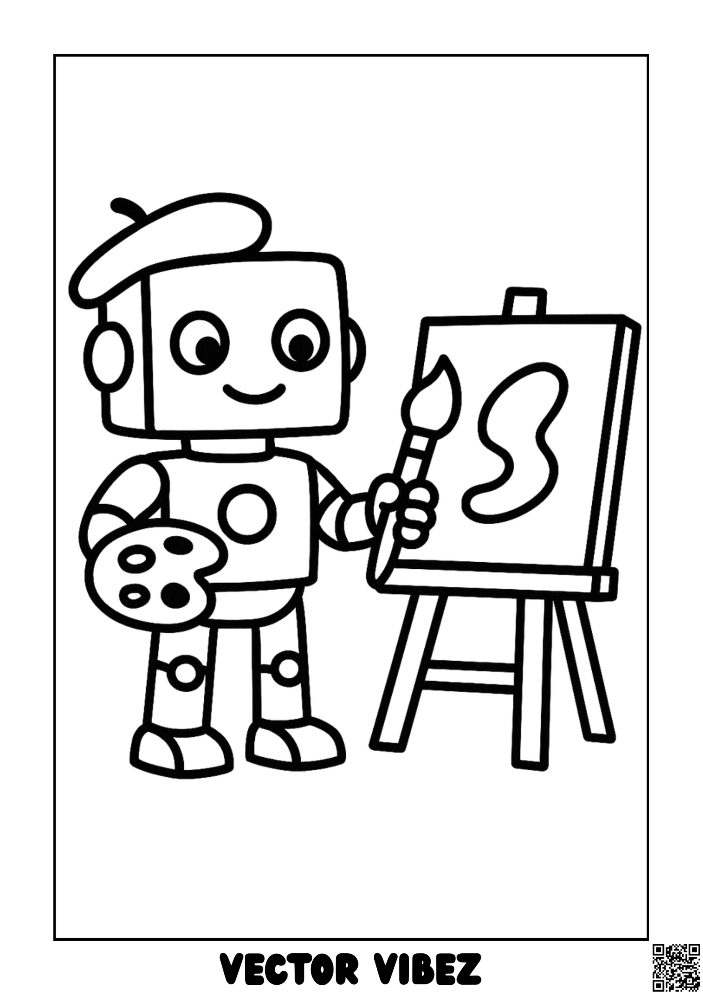 Free printable robot artist creating masterpiece coloring page for kids — download and print free at VectorVibez.com