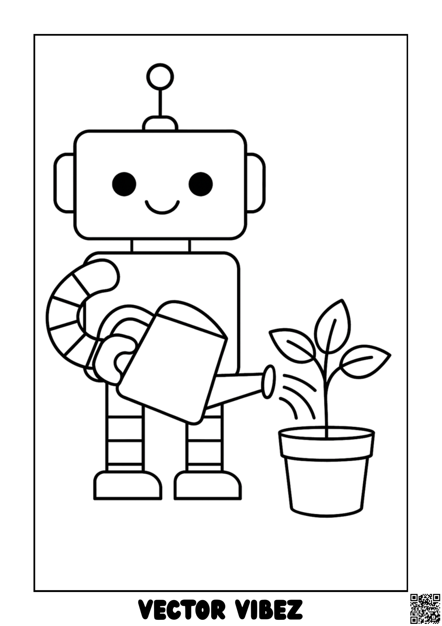 Free printable robot gardener nurturing flowers coloring page for kids — download and print free at VectorVibez.com