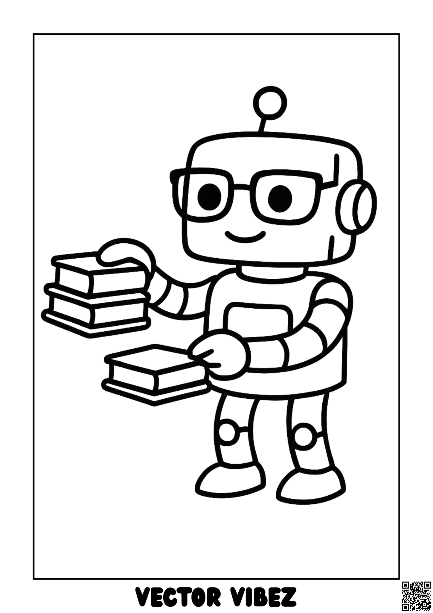 Free printable robot librarian shelving books coloring page for kids — download and print free at VectorVibez.com