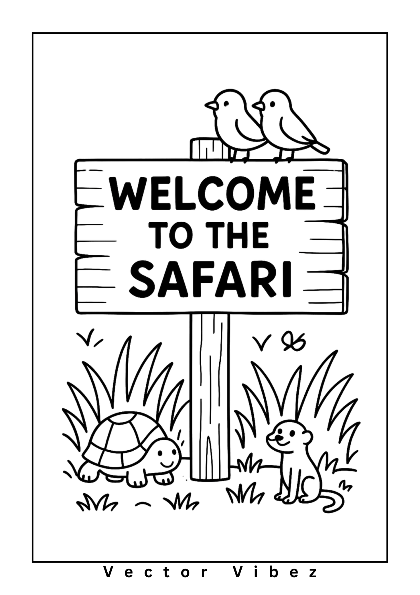 Free printable safari animals welcoming sign coloring page for kids — download and print free at VectorVibez.com