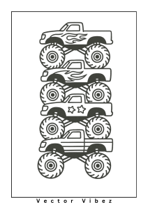 Free printable stacked monster trucks towering high coloring page for kids — download and print free at VectorVibez.com