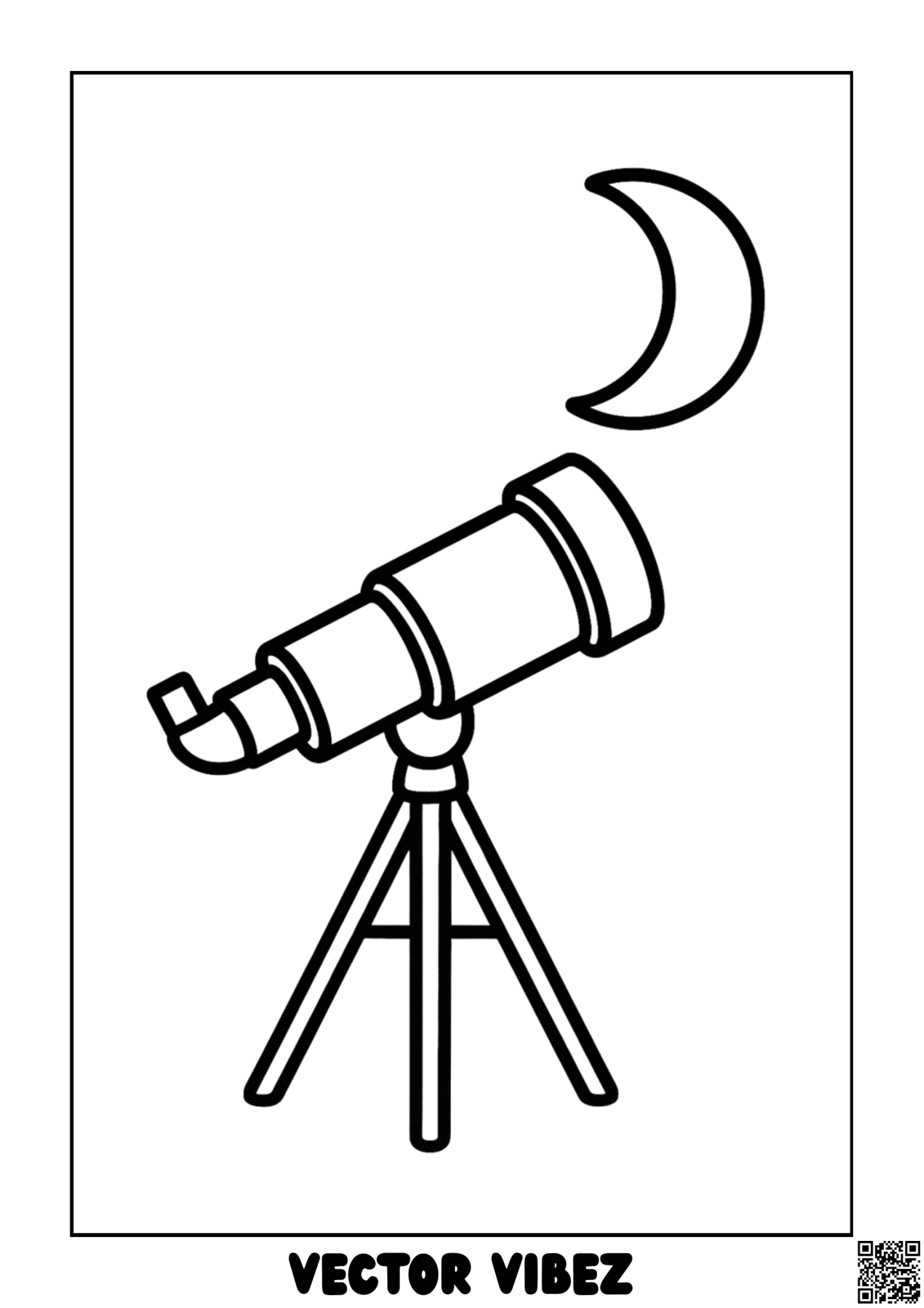 Free printable stargazing telescope with crescent moon coloring page for kids — download and print free at VectorVibez.com