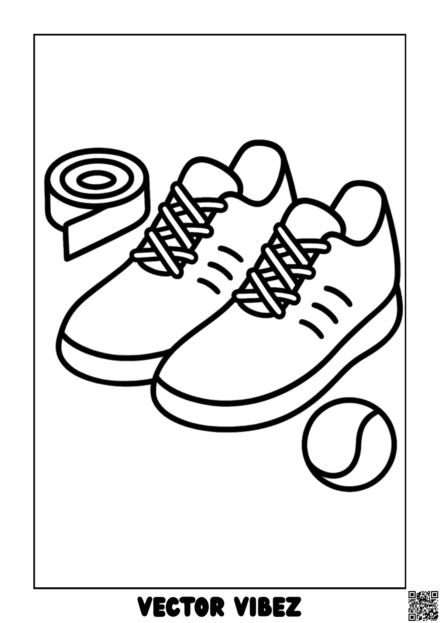 Free printable tennis shoes and ball by the net coloring page for kids — download and print free at VectorVibez.com