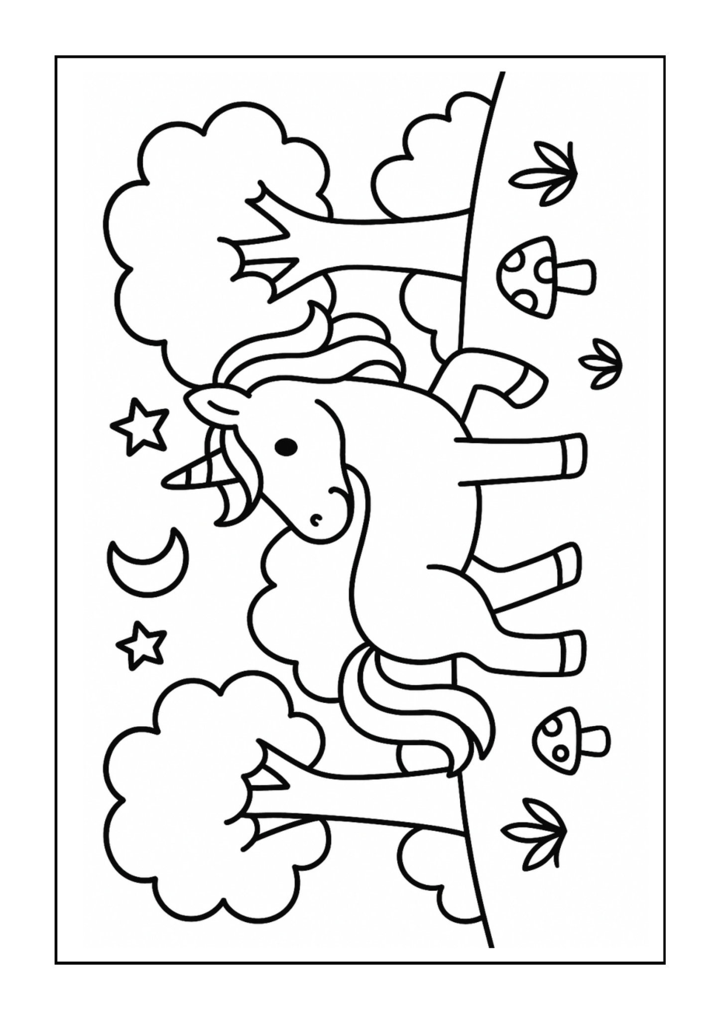Free printable unicorn dancing amongst magical trees coloring page for kids — download and print free at VectorVibez.com