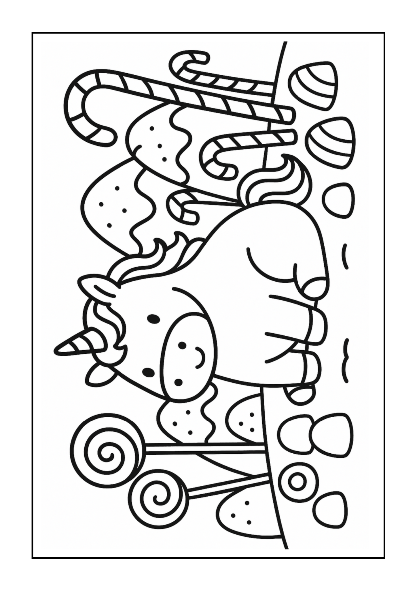 Unicorn surrounded by candy and lollipops