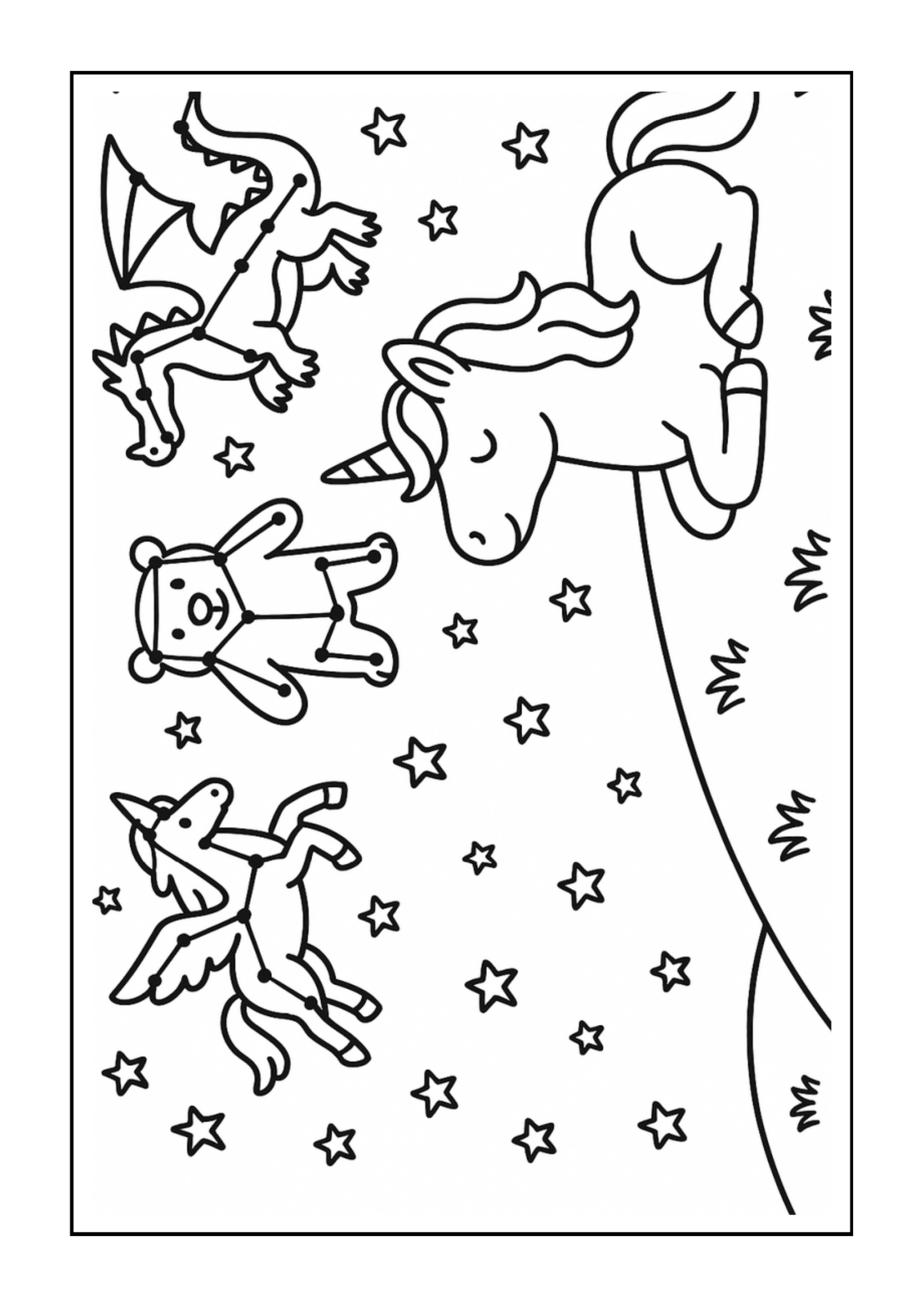 Free printable unicorns playing by enchanted lake coloring page for kids — download and print free at VectorVibez.com