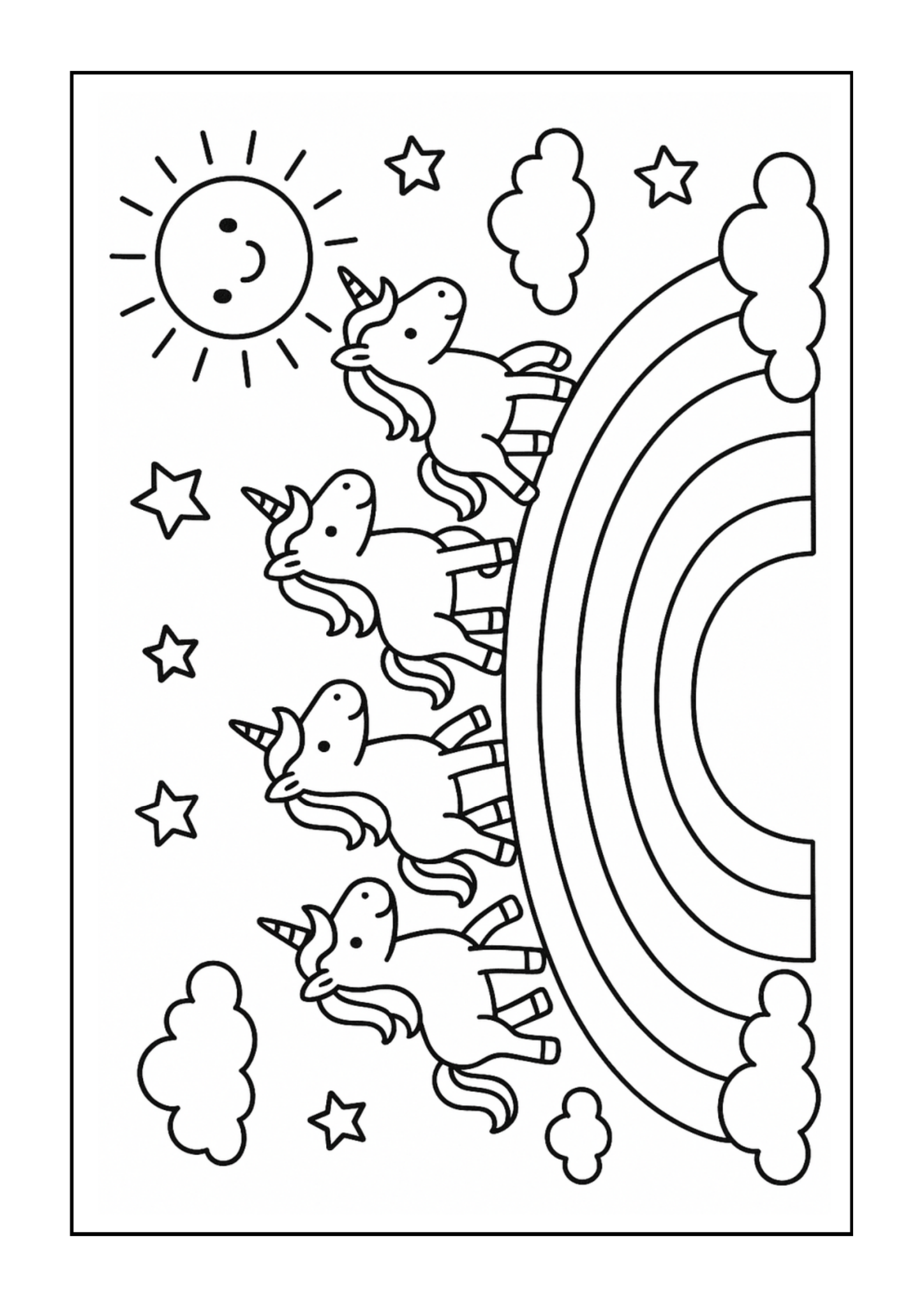Free printable unicorns prancing under rainbow and sun coloring page for kids — download and print free at VectorVibez.com