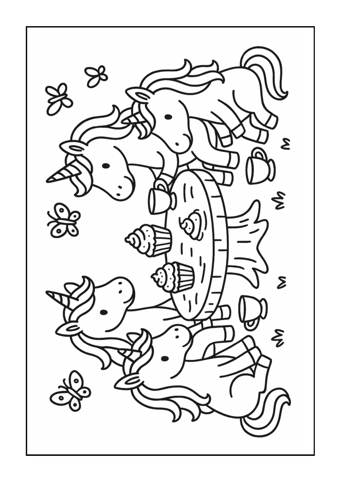 Free printable unicorns sharing cupcakes at tea party coloring page for kids — download and print free at VectorVibez.com