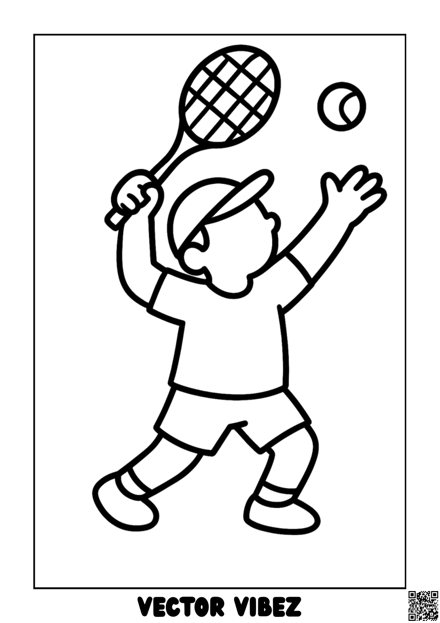 Free printable young tennis star swinging racket coloring page for kids — download and print free at VectorVibez.com