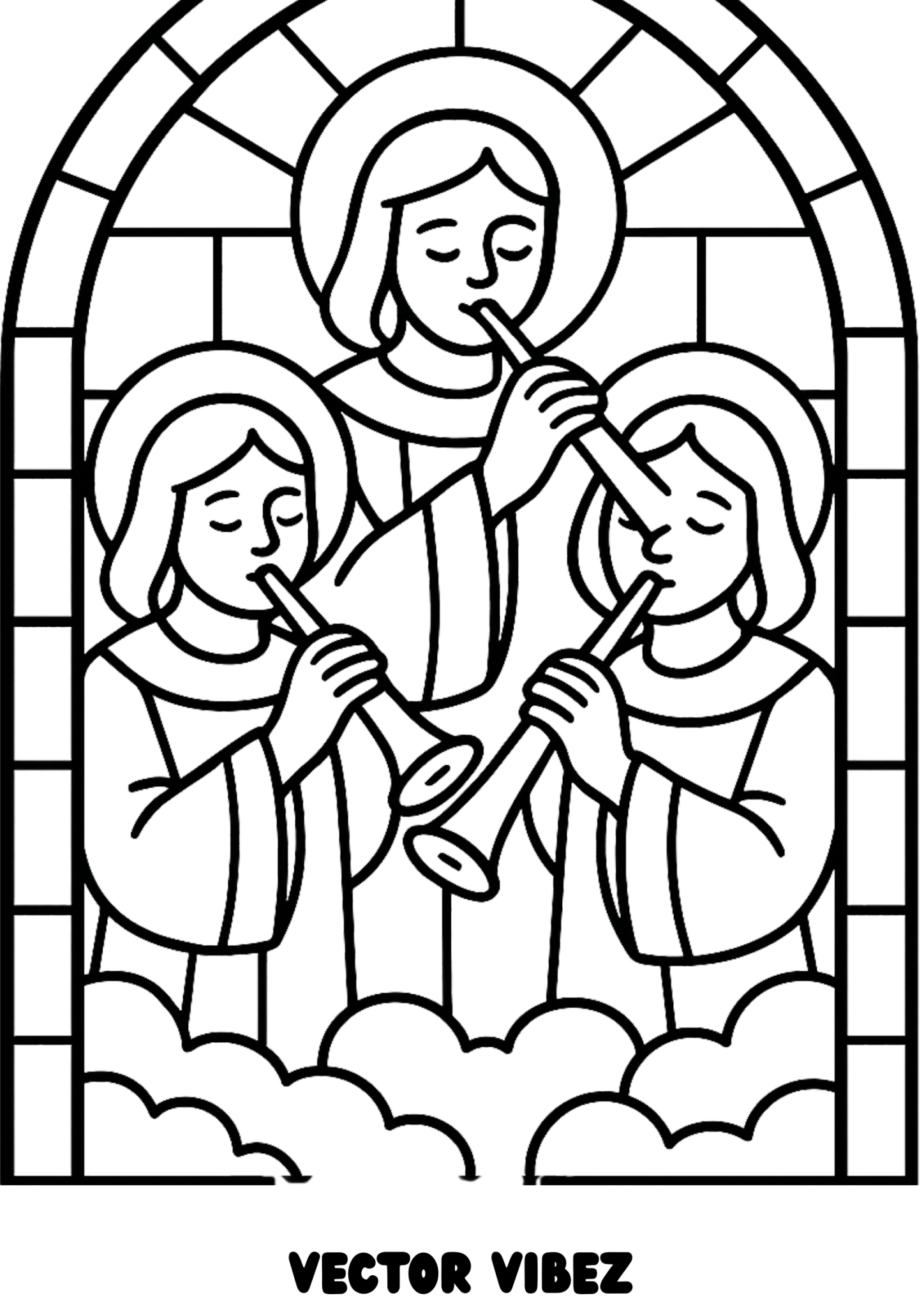 Free printable angels with harps and trumpets coloring page for kids — download and print free at VectorVibez.com