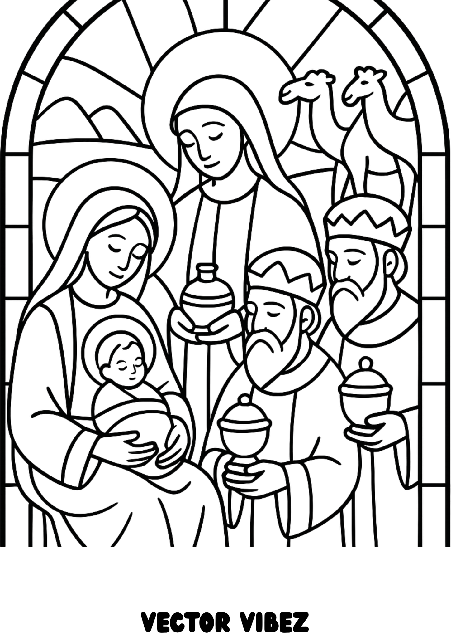 Free printable baby jesus in manger with star coloring page for kids — download and print free at VectorVibez.com