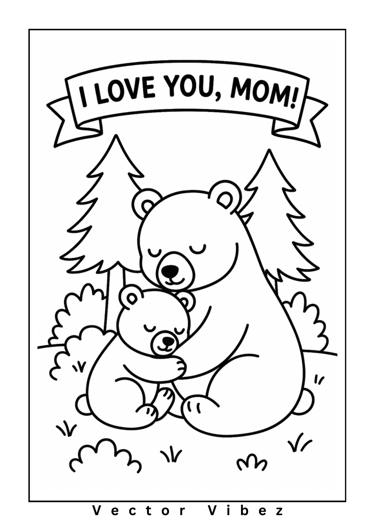 Free printable bear family hugging under a rainbow coloring page for kids — download and print free at VectorVibez.com