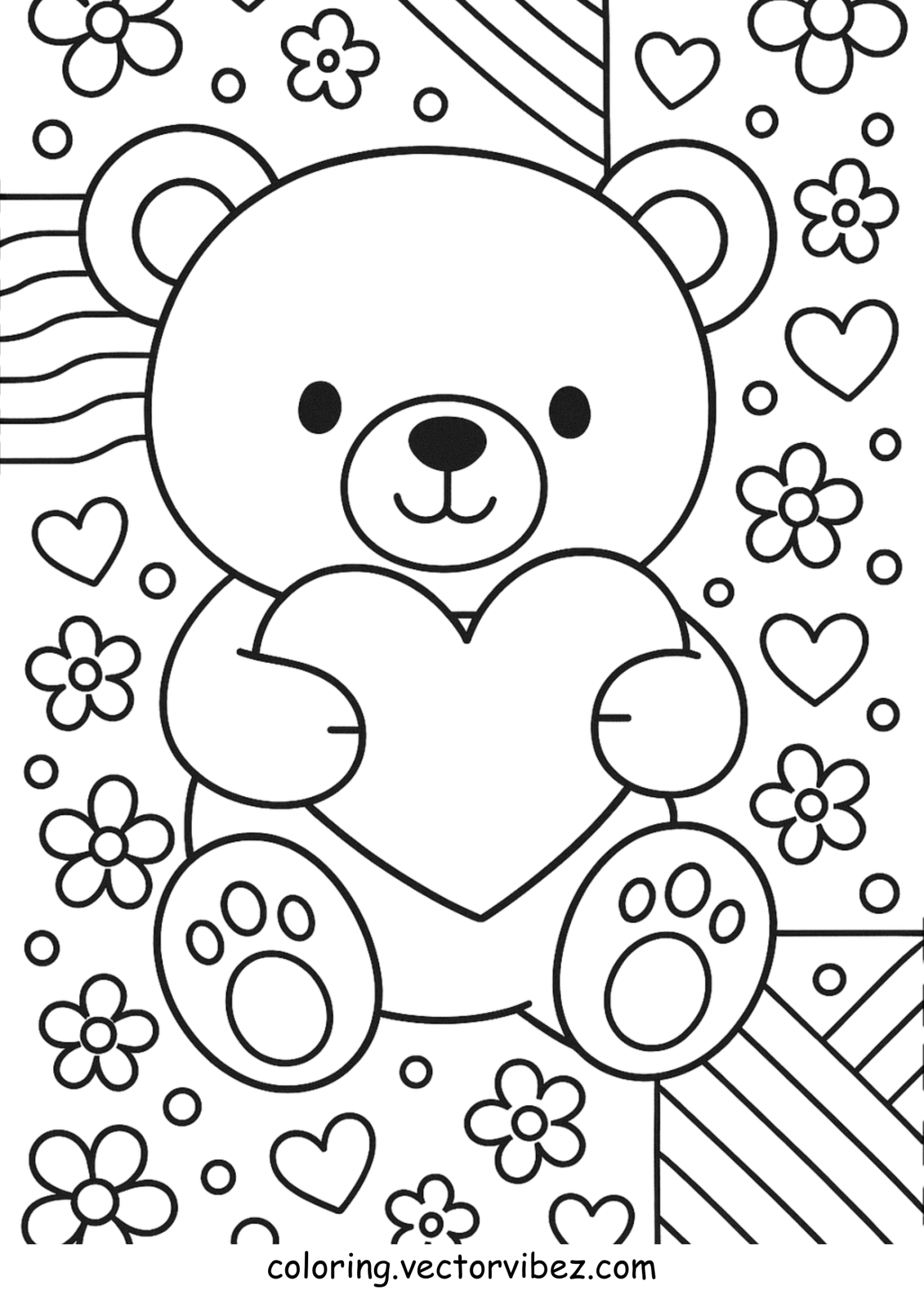 Free printable bear hugging heart with blossoms coloring page for kids — download and print free at VectorVibez.com