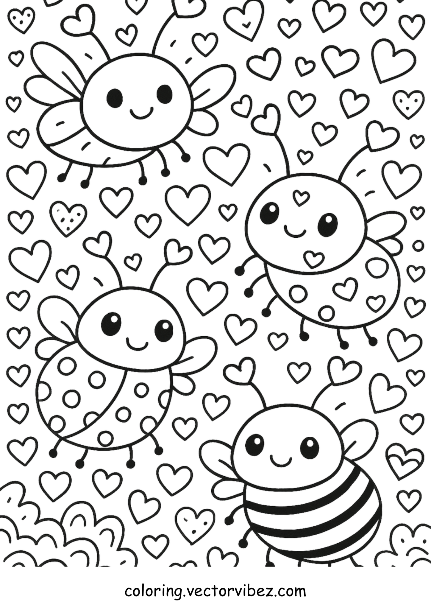 Free printable bees buzzing around heart garden coloring page for kids — download and print free at VectorVibez.com