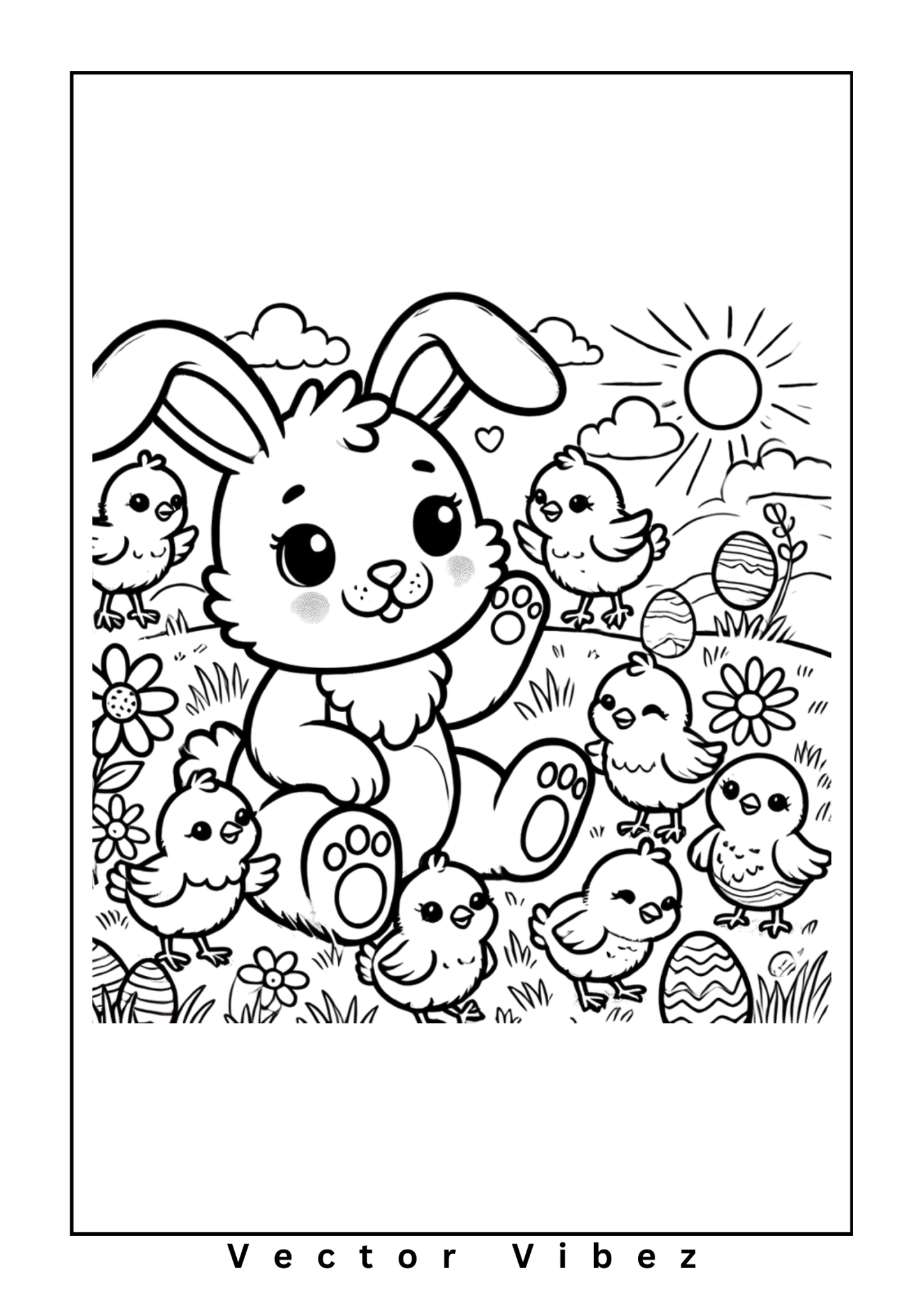 Free printable bunny and chicks with patterned easter eggs coloring page for kids — download and print free at VectorVibez.com