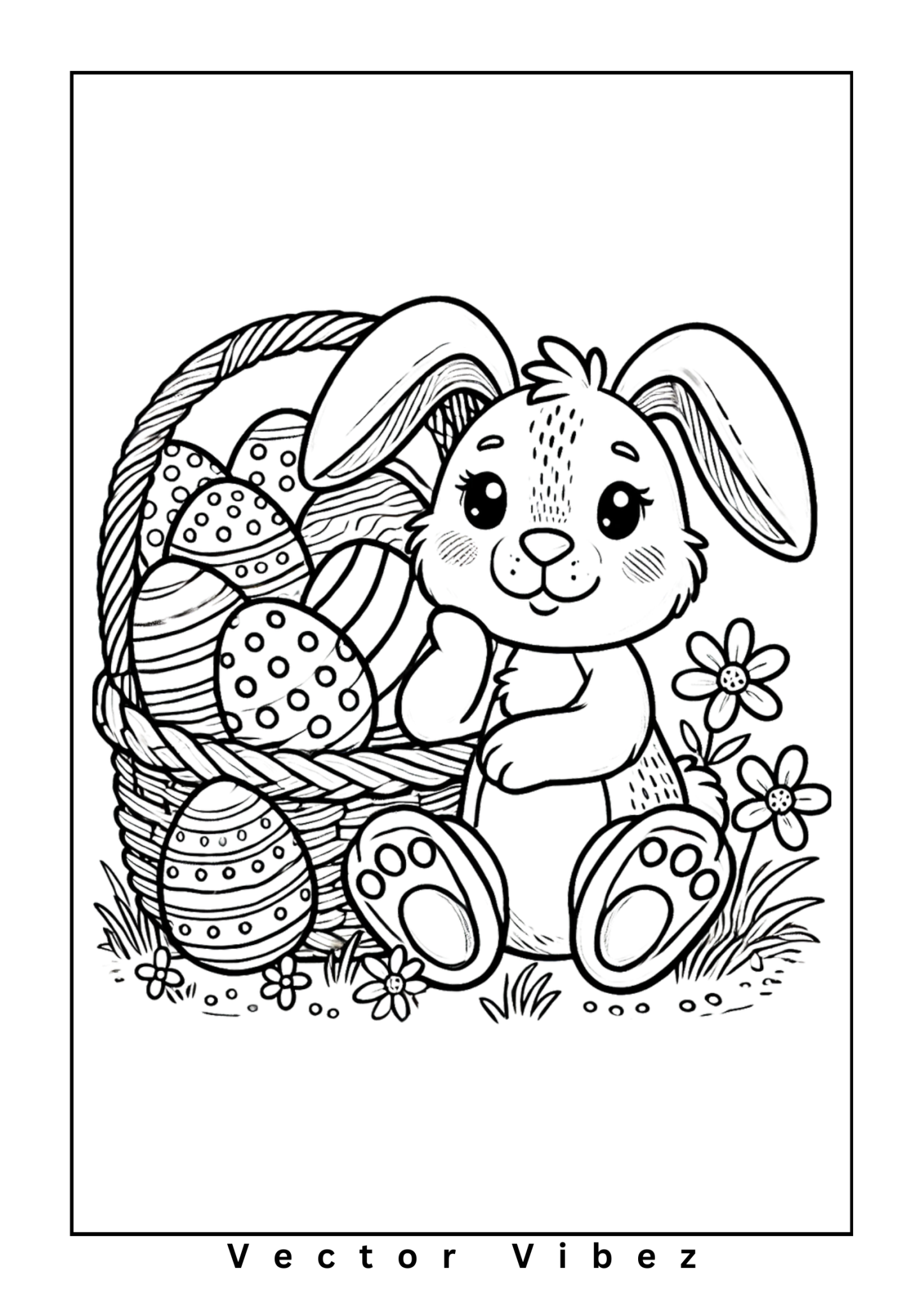 Free printable bunny decorating easter eggs coloring page for kids — download and print free at VectorVibez.com