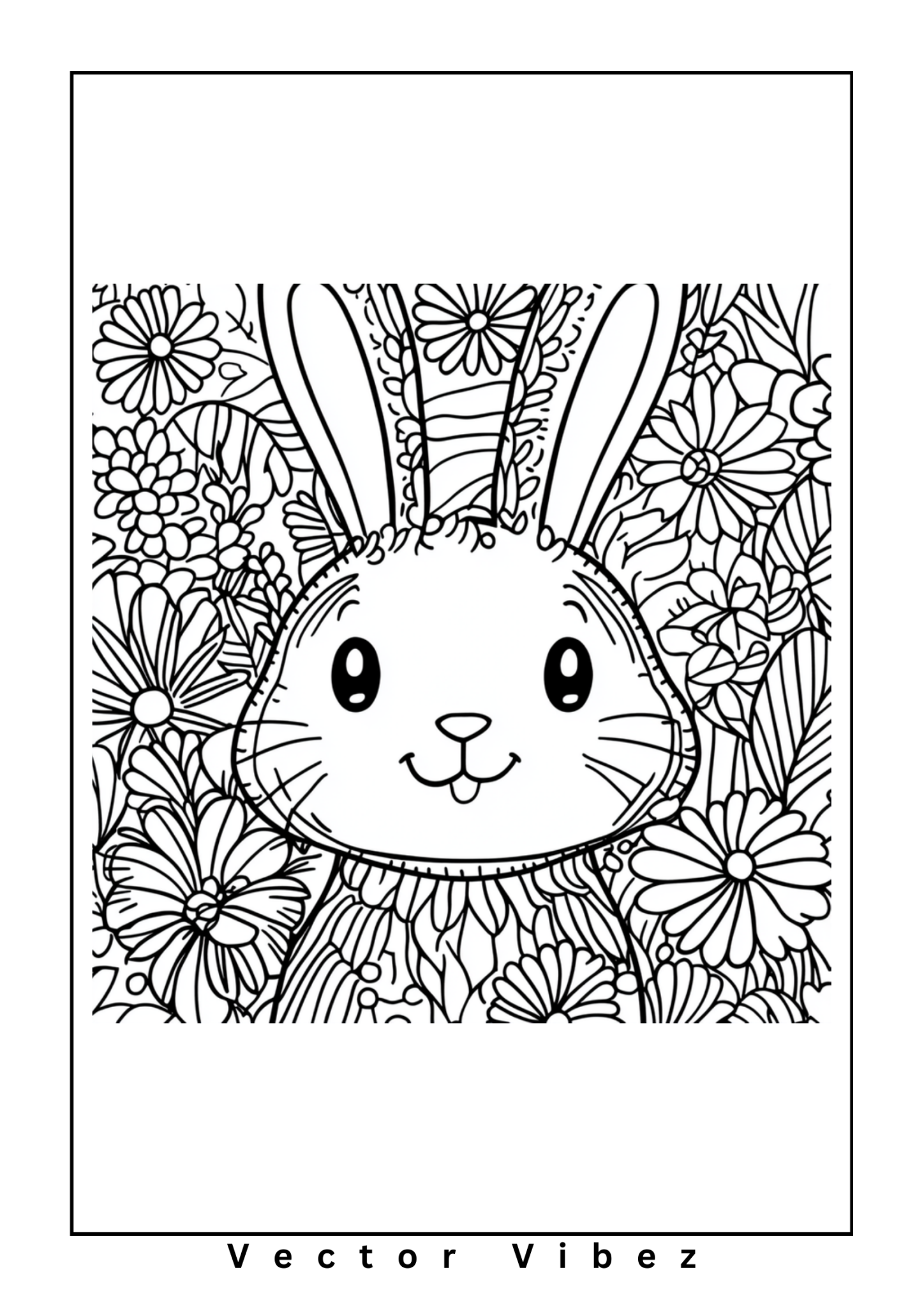 Free printable bunny with floral crown in garden coloring page for kids — download and print free at VectorVibez.com