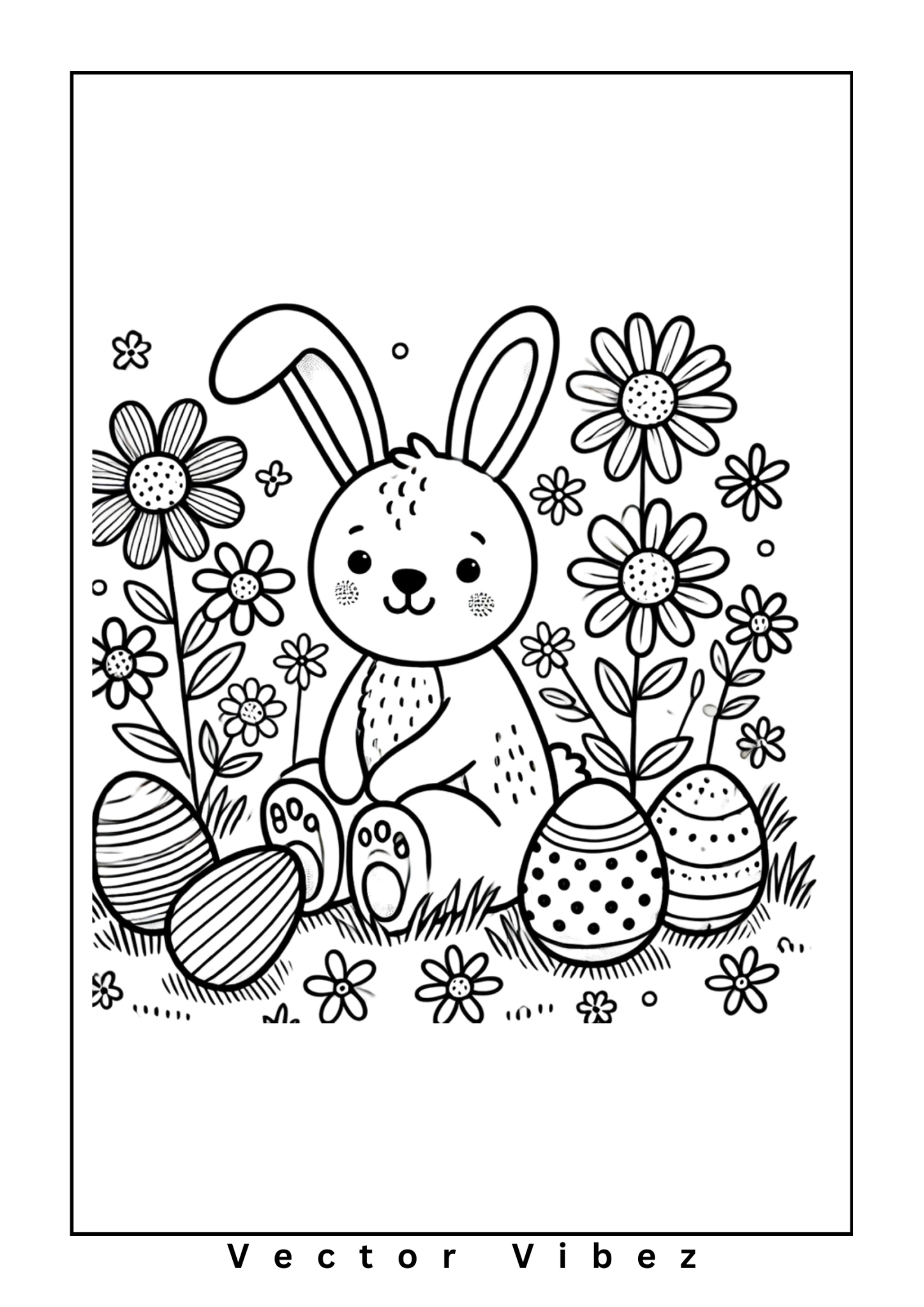 Free printable bunny with tulip crown and easter eggs coloring page for kids — download and print free at VectorVibez.com