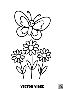 Free printable butterfly dancing among sunflowers coloring page for kids — download and print free at VectorVibez.com