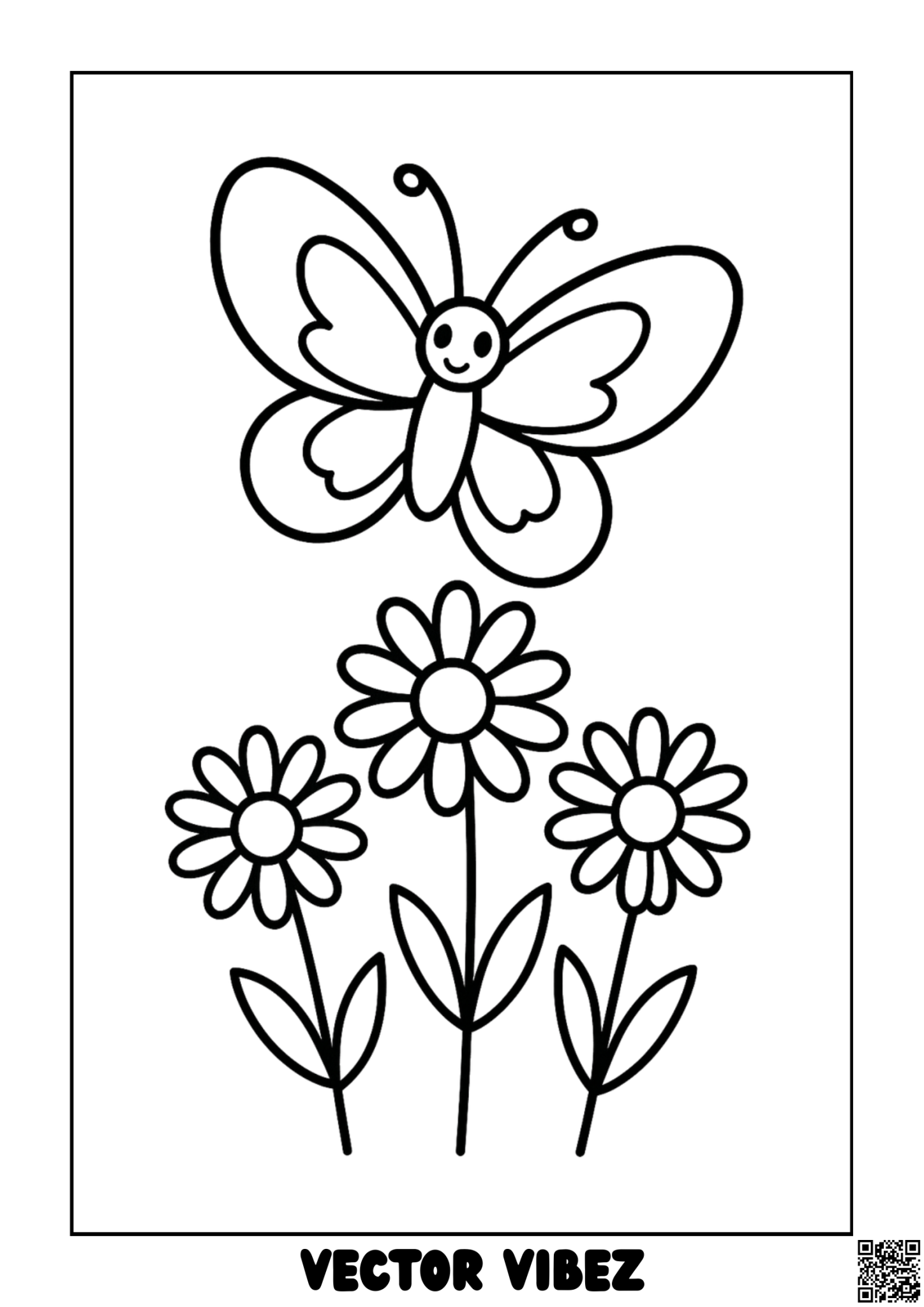 Free printable butterfly dancing among sunflowers coloring page for kids — download and print free at VectorVibez.com