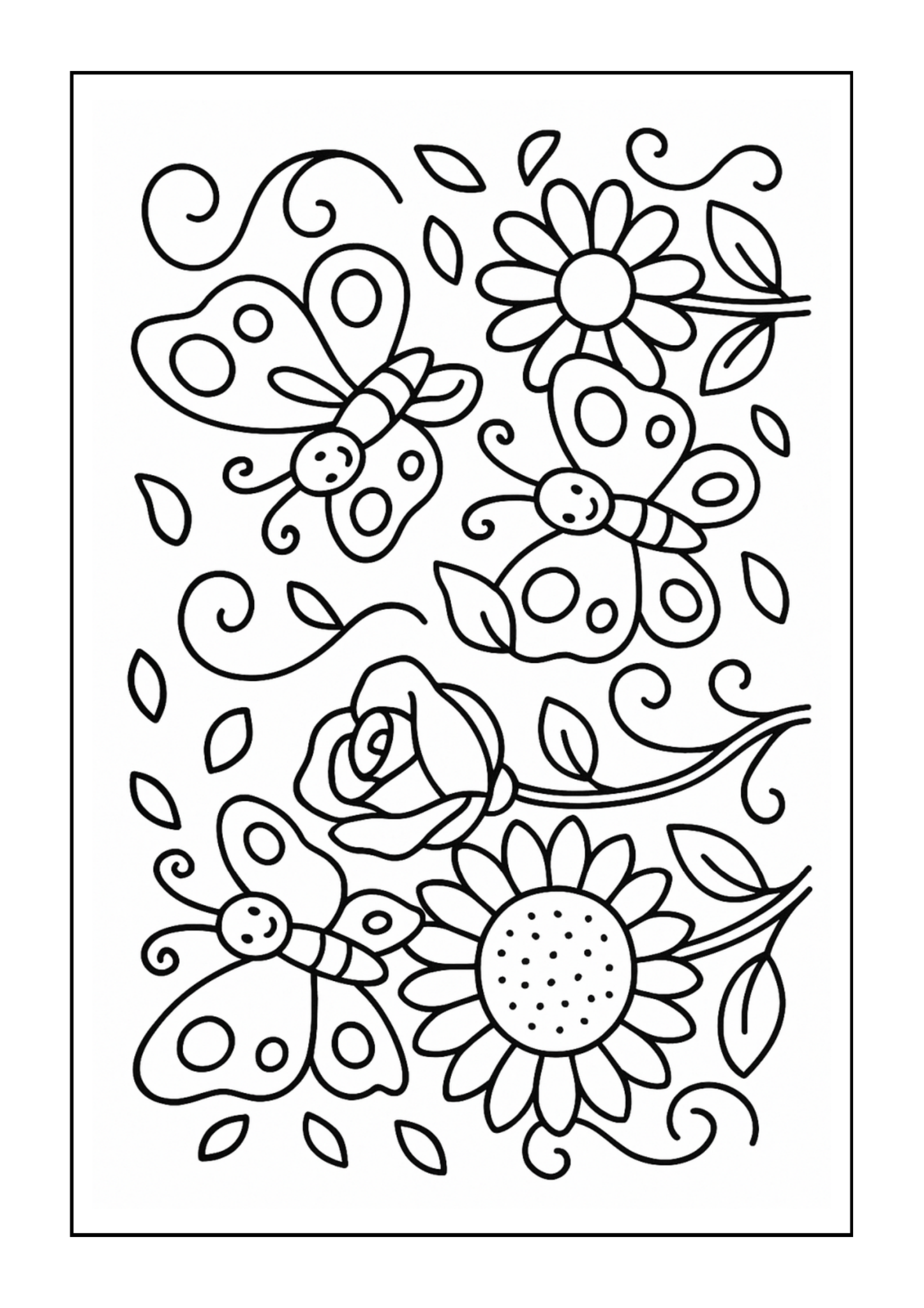 Free printable butterfly garden with dancing blooms coloring page for kids — download and print free at VectorVibez.com