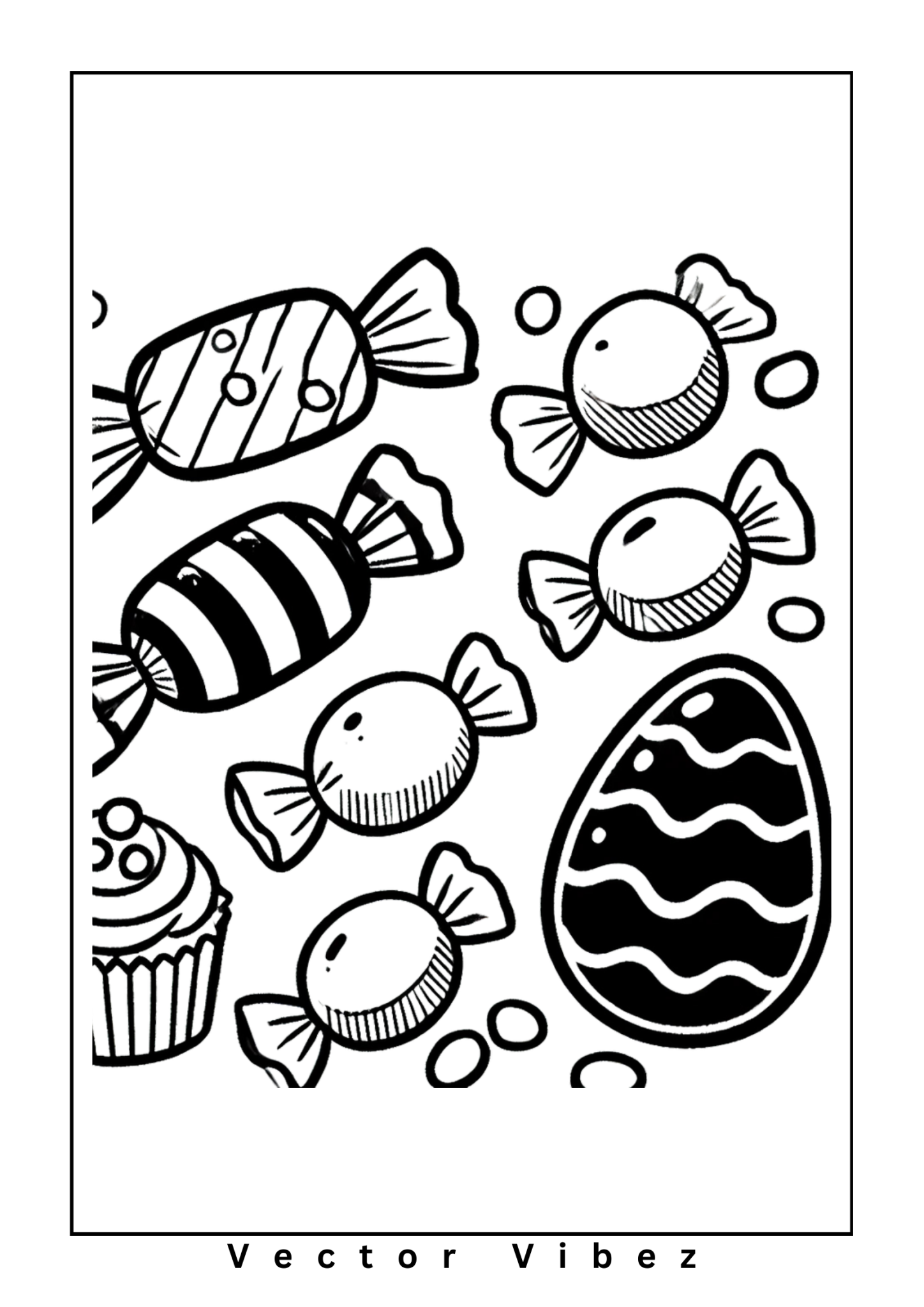 Free printable candy-covered easter egg hunt party coloring page for kids — download and print free at VectorVibez.com
