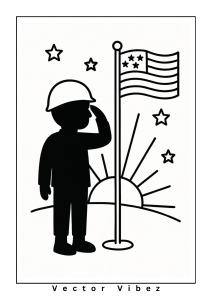 Free printable child saluting proudly at sunset coloring page for kids — download and print free at VectorVibez.com