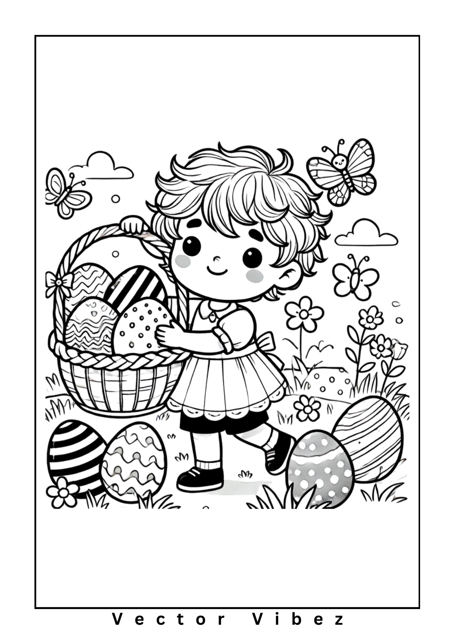 Free printable child with easter egg basket under cherry blossoms coloring page for kids — download and print free at VectorVibez.com