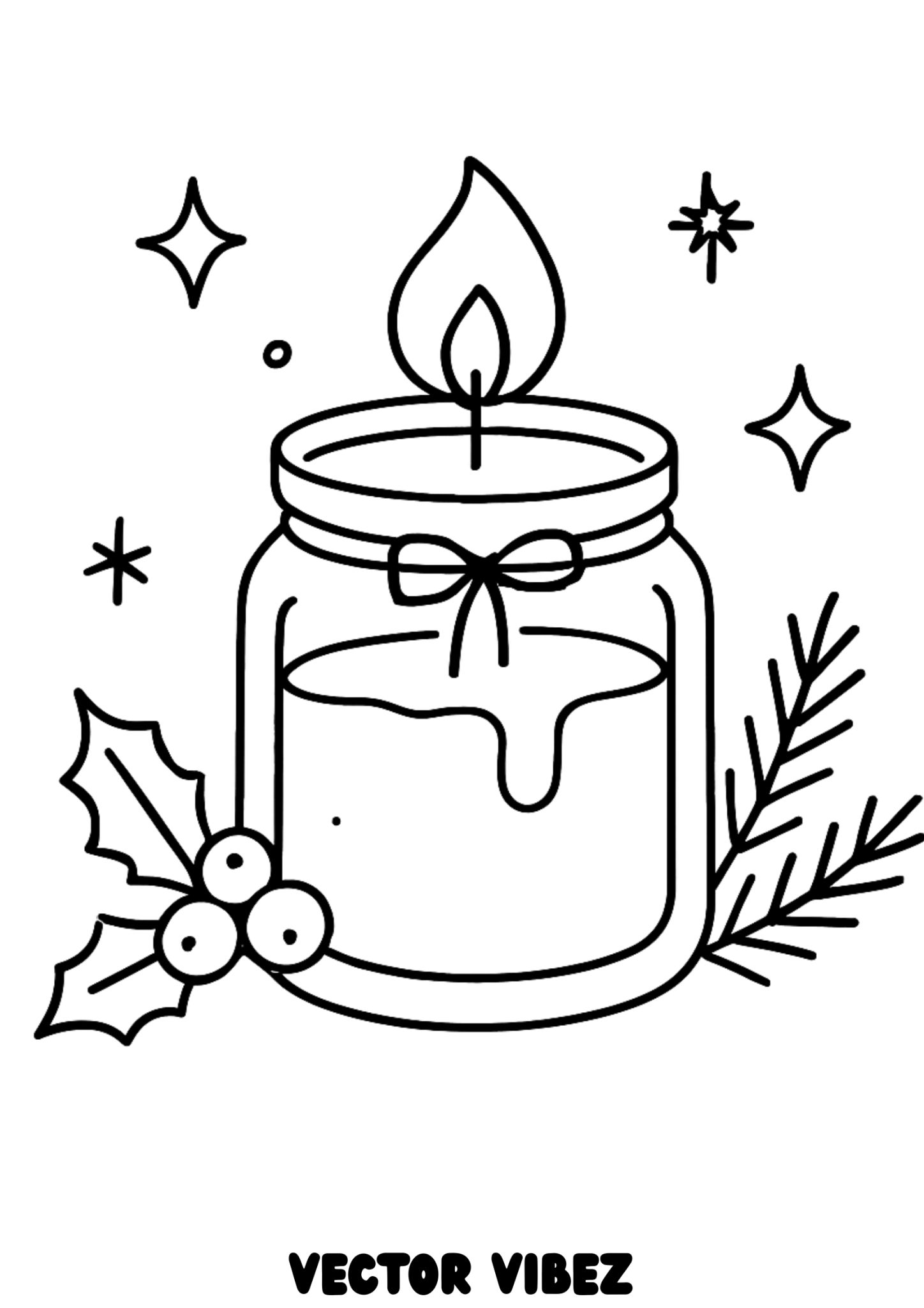 Free printable christmas candle glowing in holly jar coloring page for kids — download and print free at VectorVibez.com