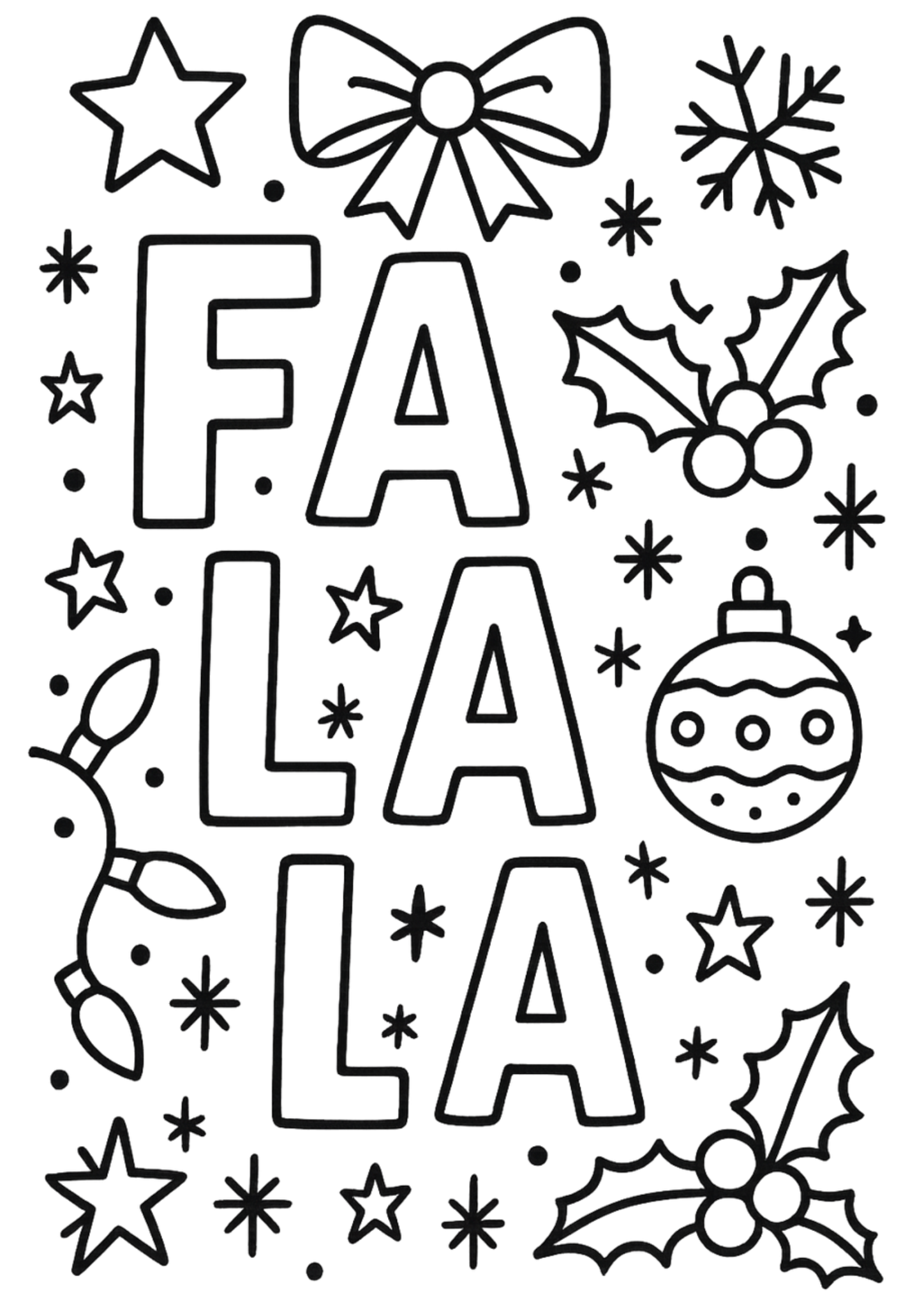 Christmas bubble-letter lettering 'Fa La La' with holly, bows and ornaments