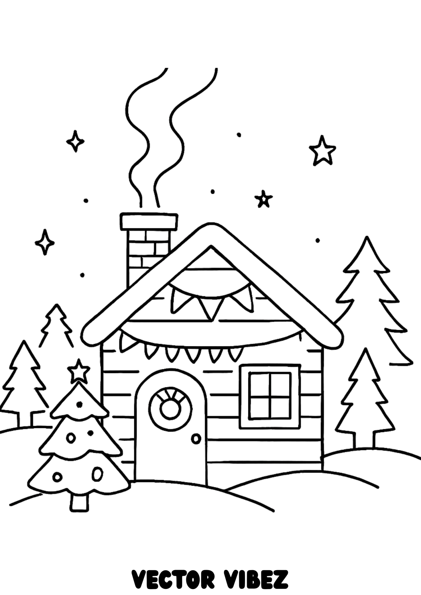 Free printable christmas house with glowing lanterns coloring page for kids — download and print free at VectorVibez.com