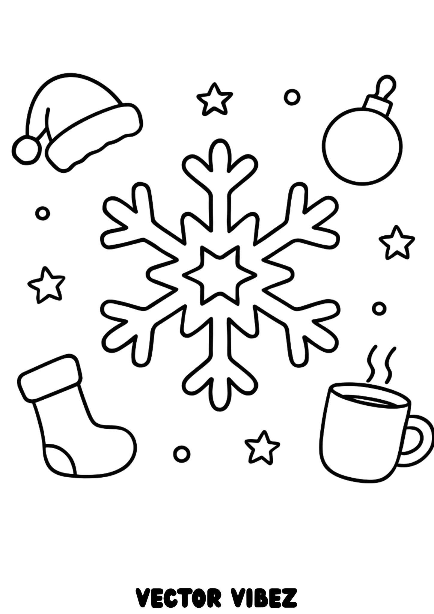 Free printable christmas snowflake with festive bells coloring page for kids — download and print free at VectorVibez.com