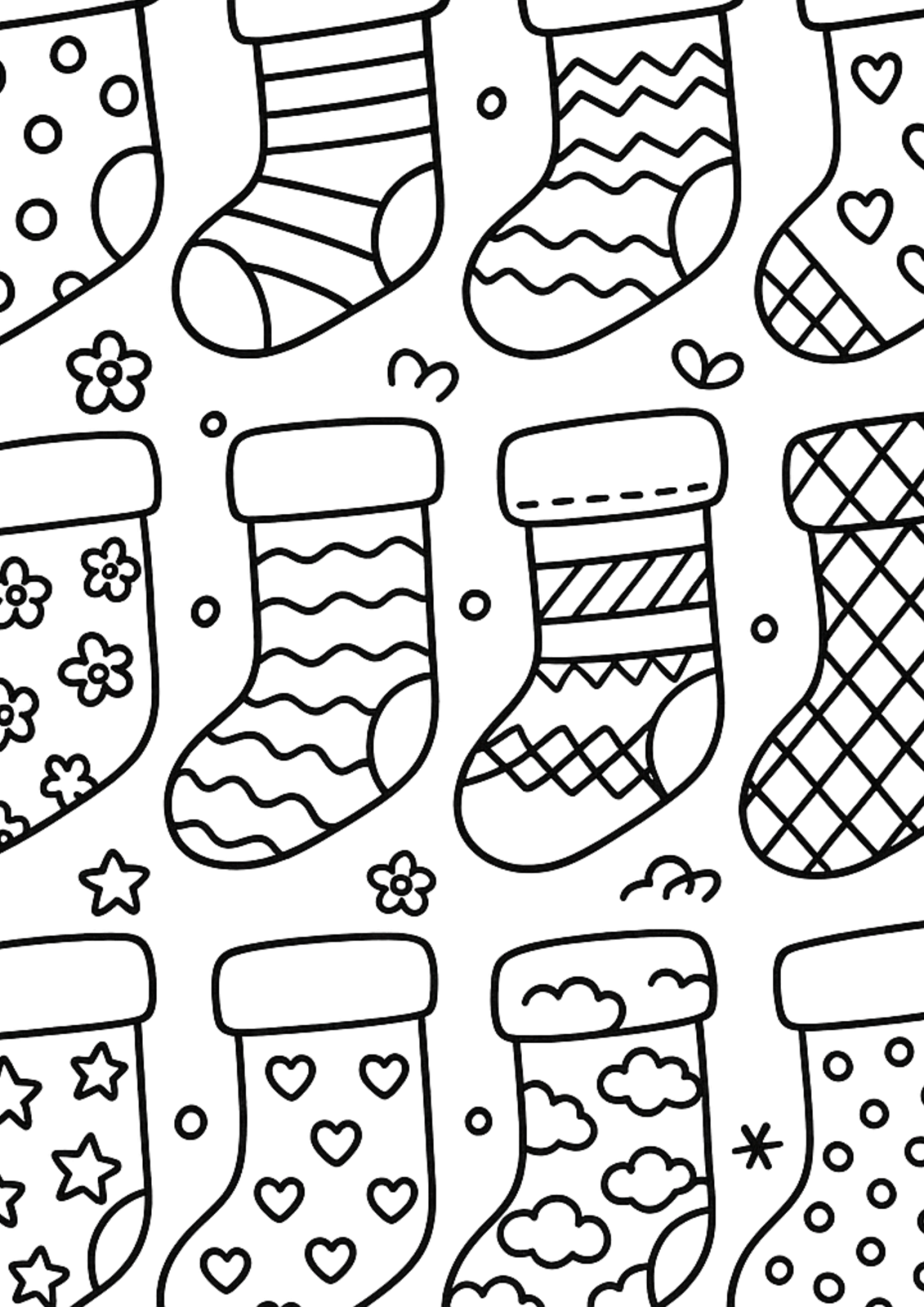 Free printable christmas stockings overflowing with treats coloring page for kids — download and print free at VectorVibez.com